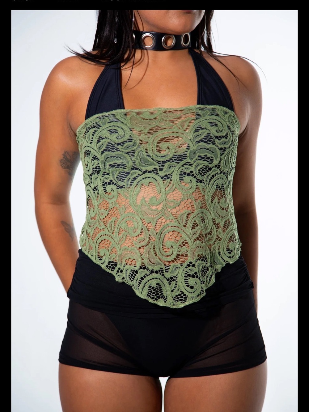 Rave with mi gente Green Lace scarf top AND black halter size L - new/never worn